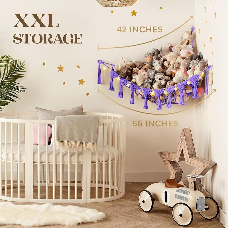 TIDYTEDS Macrame DreamLights Boho Stuffed Animal Storage Net Hammock Extra Large Plush Toy Storage Holder For Small Or Large Plushies PURPLE (Purple) - Image 5
